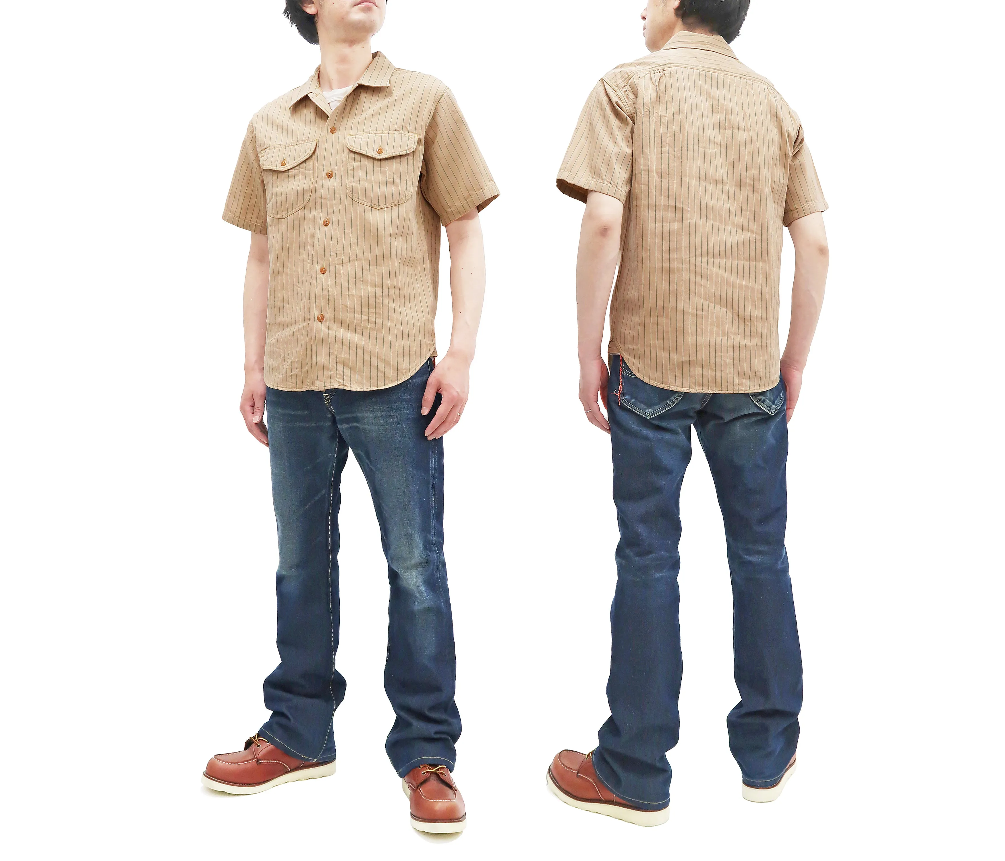 Sugar Cane Shirt Men's Vertical Striped Short Sleeve Button Up Shirt Work Shirt SC38699 133 Beige