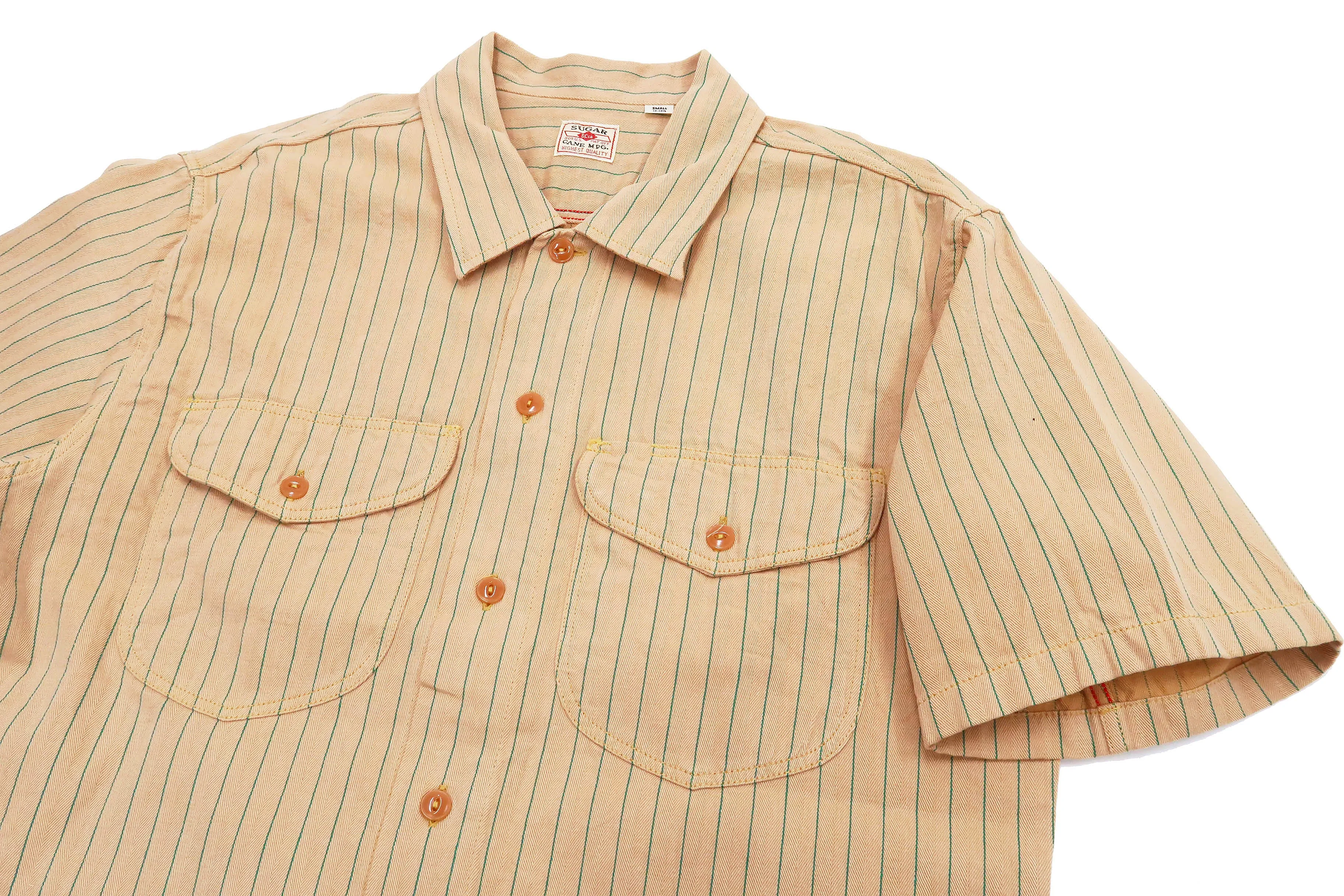 Sugar Cane Shirt Men's Vertical Striped Short Sleeve Button Up Shirt Work Shirt SC38699 133 Beige
