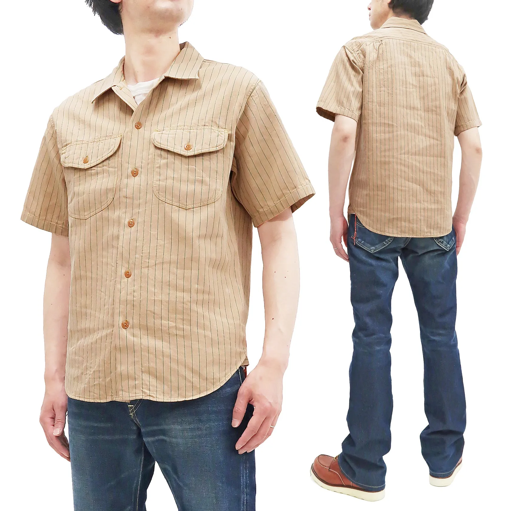 Sugar Cane Shirt Men's Vertical Striped Short Sleeve Button Up Shirt Work Shirt SC38699 133 Beige