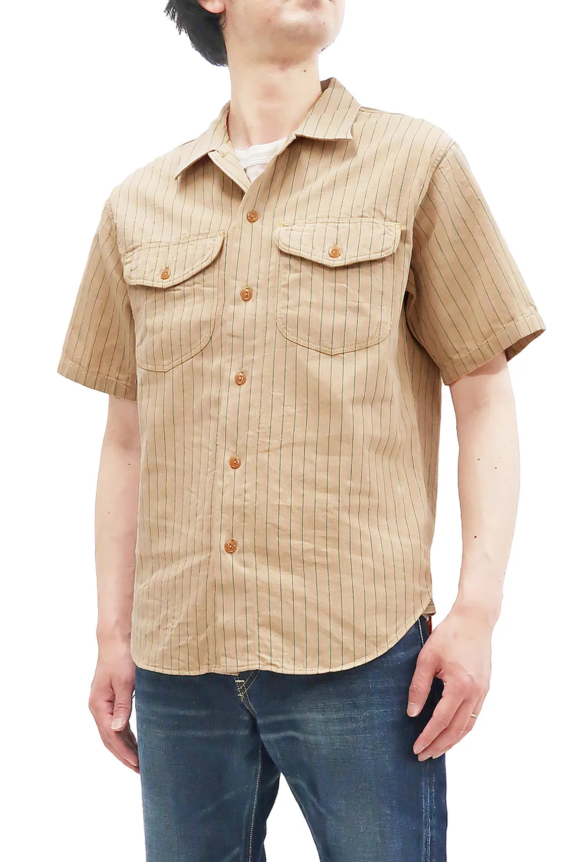 Sugar Cane Shirt Men's Vertical Striped Short Sleeve Button Up Shirt Work Shirt SC38699 133 Beige