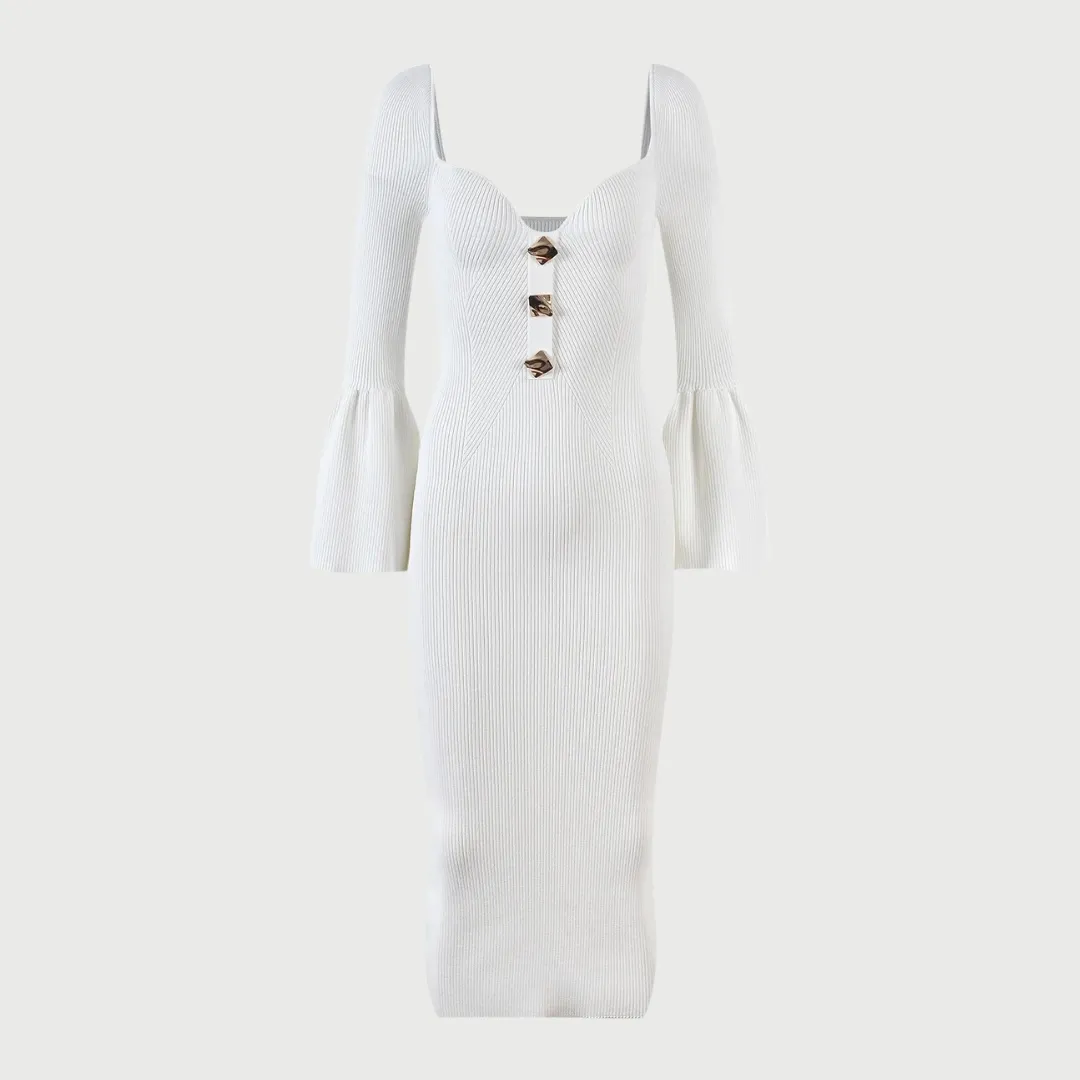 Unique Heart Collar Long Sleeve Button Front Knit Dress