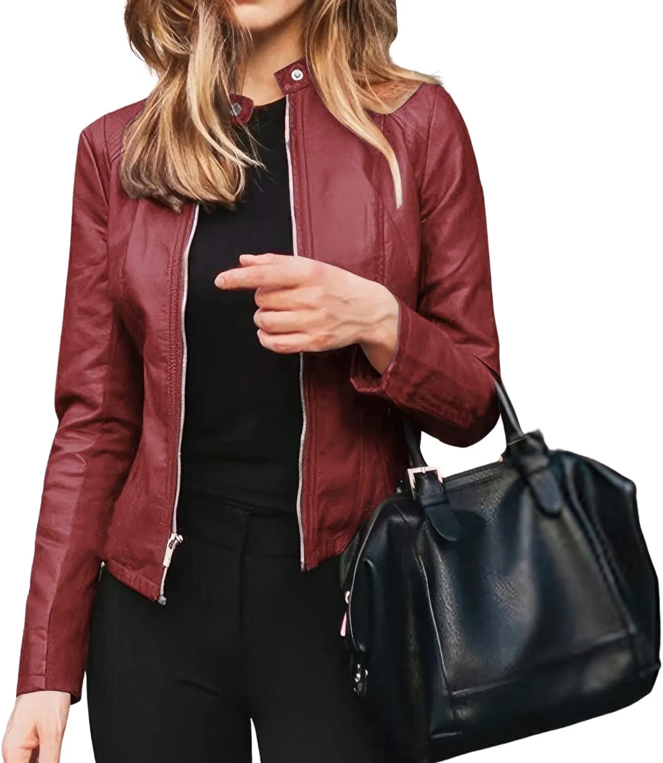 Womens Biker Burgundy Genuine Sheepskin Stand Collar Retro Casual Classic Smooth Slim Fit Moto Rider Leather Jacket