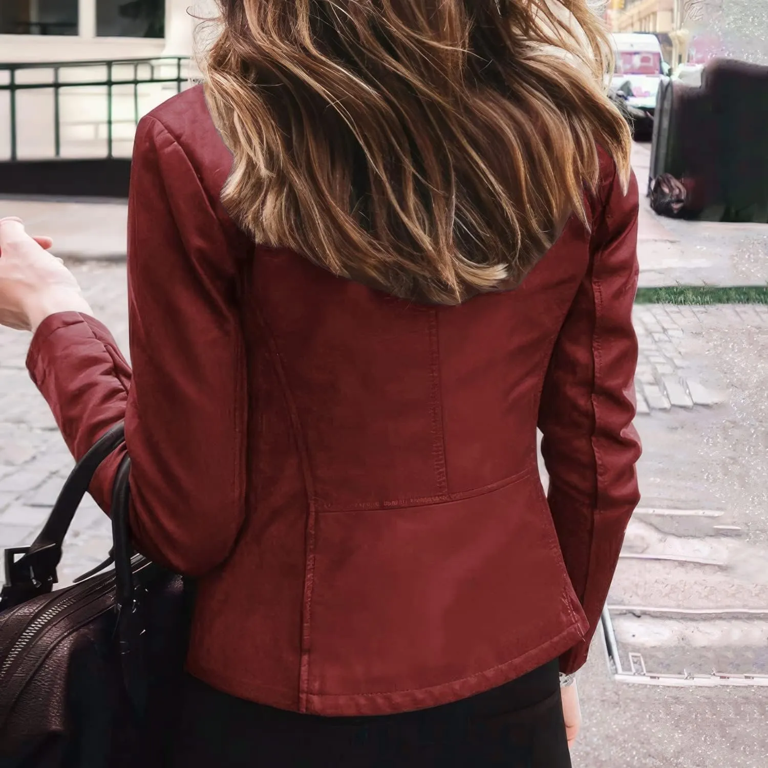 Womens Biker Burgundy Genuine Sheepskin Stand Collar Retro Casual Classic Smooth Slim Fit Moto Rider Leather Jacket