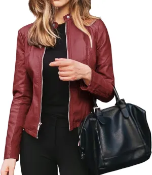 Womens Biker Burgundy Genuine Sheepskin Stand Collar Retro Casual Classic Smooth Slim Fit Moto Rider Leather Jacket
