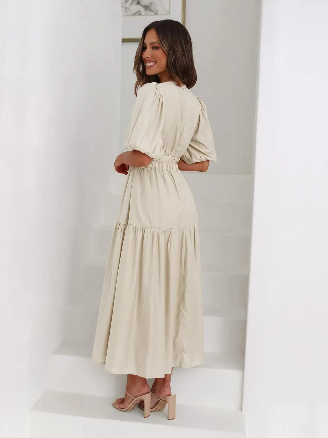 Woolicity Womens Summer Maxi Dress Wrap V Neck Short Sleeve Beach Flowy Long Dresses