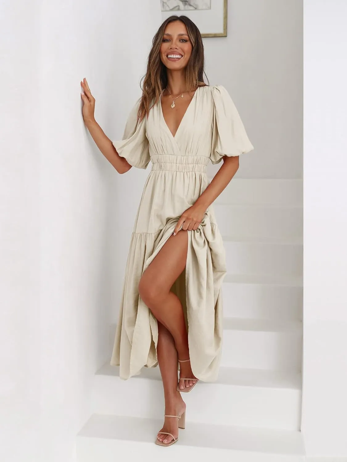 Woolicity Womens Summer Maxi Dress Wrap V Neck Short Sleeve Beach Flowy Long Dresses
