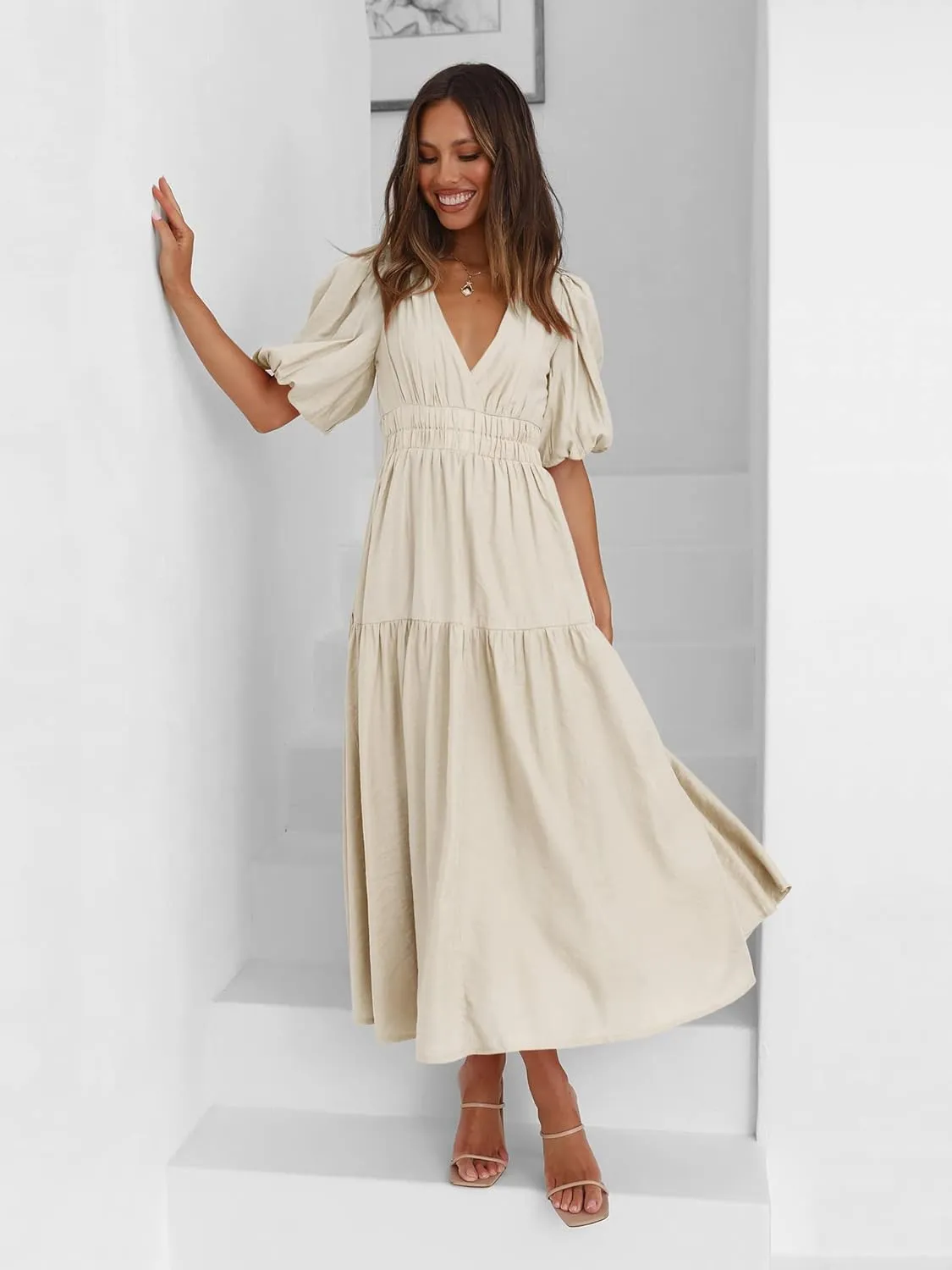 Woolicity Womens Summer Maxi Dress Wrap V Neck Short Sleeve Beach Flowy Long Dresses