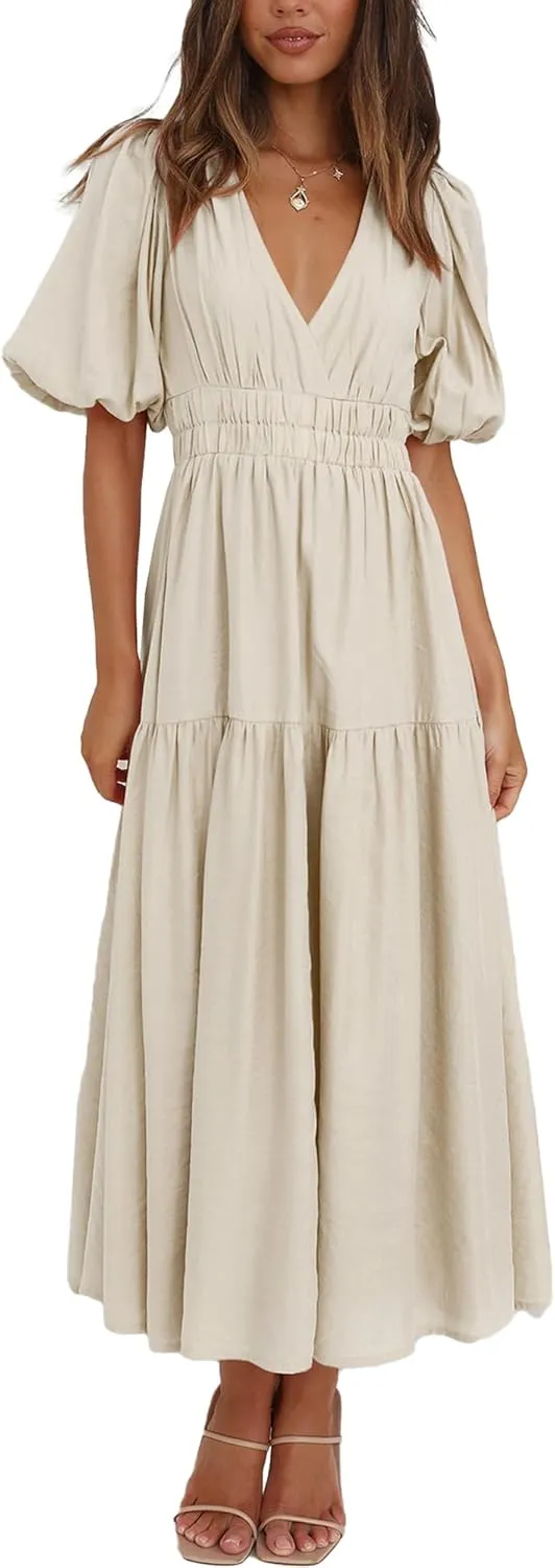 Woolicity Womens Summer Maxi Dress Wrap V Neck Short Sleeve Beach Flowy Long Dresses