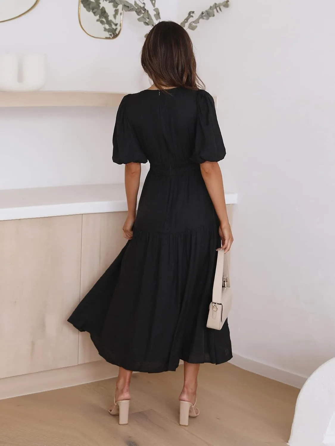 Woolicity Womens Summer Maxi Dress Wrap V Neck Short Sleeve Beach Flowy Long Dresses