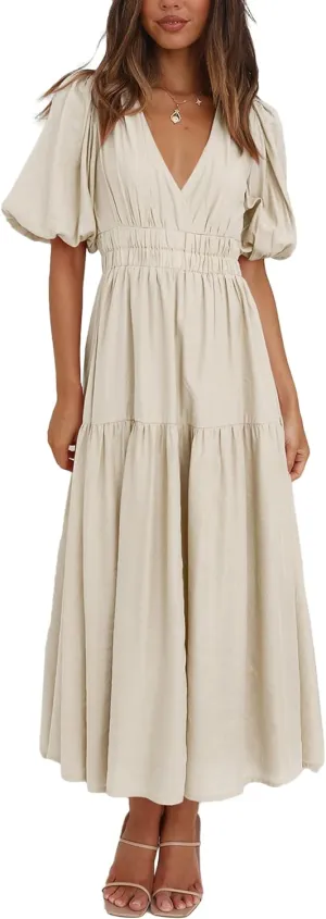 Woolicity Womens Summer Maxi Dress Wrap V Neck Short Sleeve Beach Flowy Long Dresses