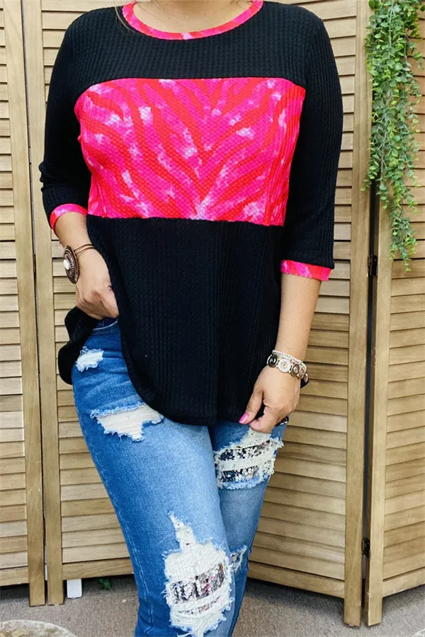 XCH15332 Fuchsia printed black block knitted material 3/4 sleeve loose women blouse