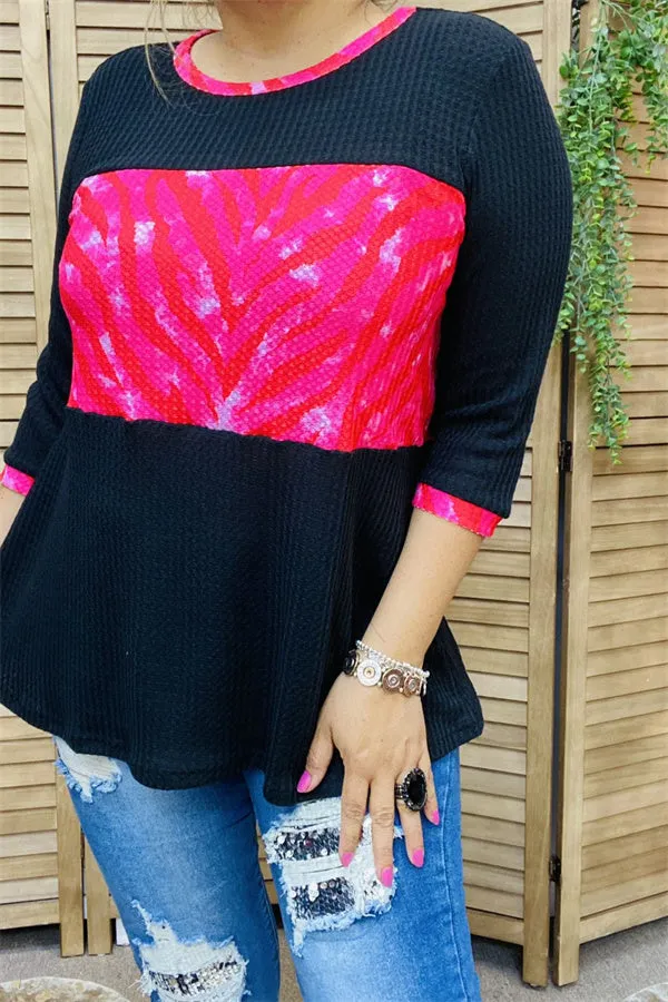XCH15332 Fuchsia printed black block knitted material 3/4 sleeve loose women blouse