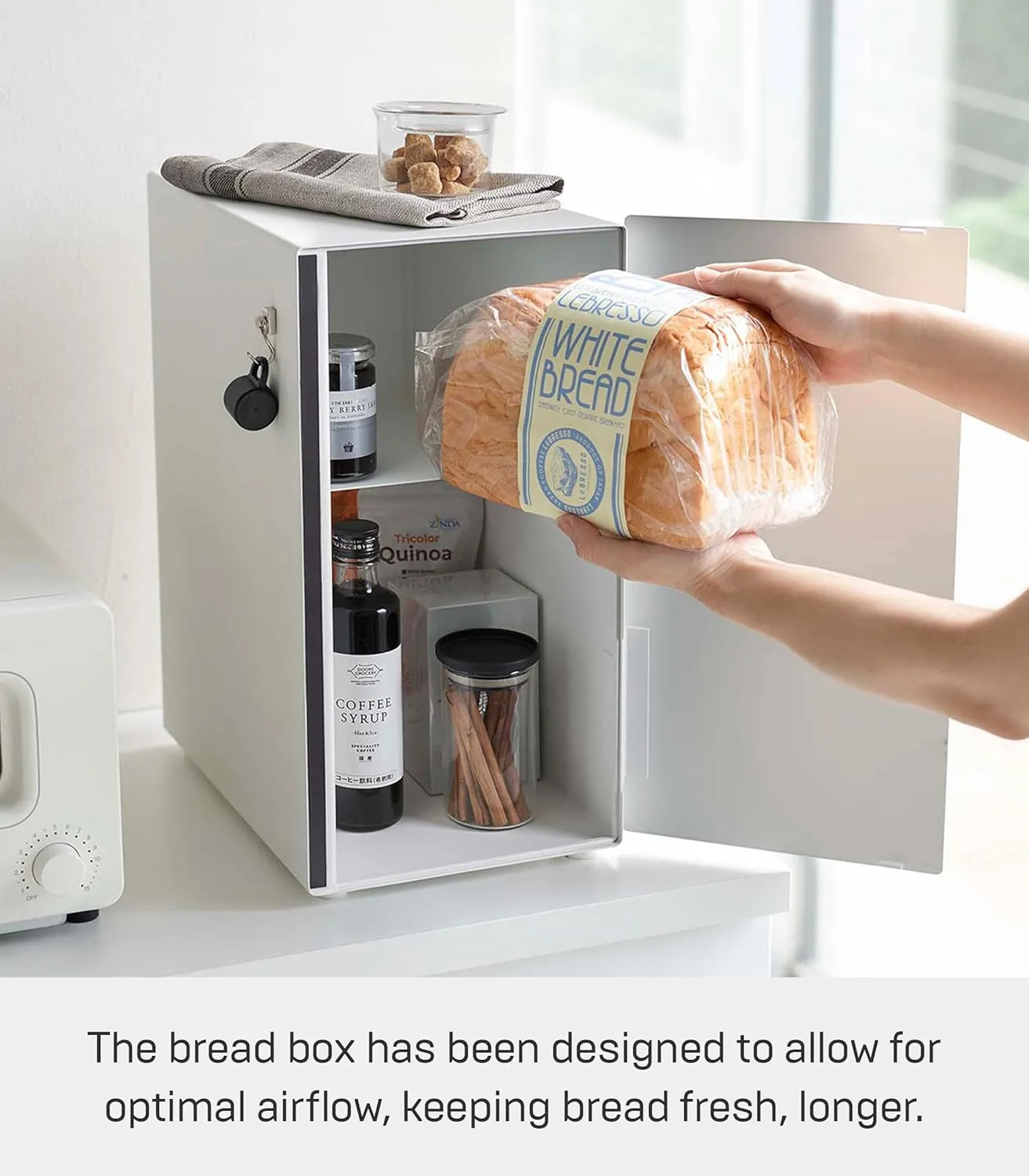 Yamazaki Home Tower Bread Box Keeper Holder Container, Metal Bread Holder Saver, Slim Space Saving Counter Storage - Vertical - Steel