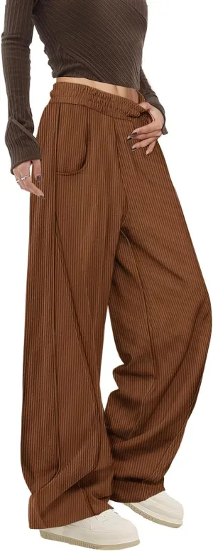 YESNO Women's Corduroy Casual Baggy Pants Elastic Waist Wide Leg Trousers with Pockets PCB