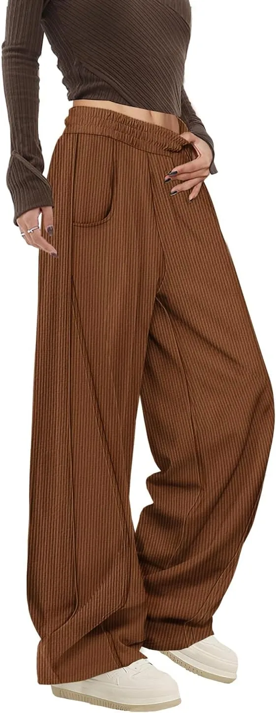 YESNO Women's Corduroy Casual Baggy Pants Elastic Waist Wide Leg Trousers with Pockets PCB