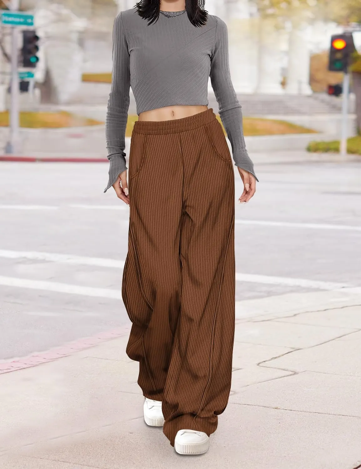 YESNO Women's Corduroy Casual Baggy Pants Elastic Waist Wide Leg Trousers with Pockets PCB