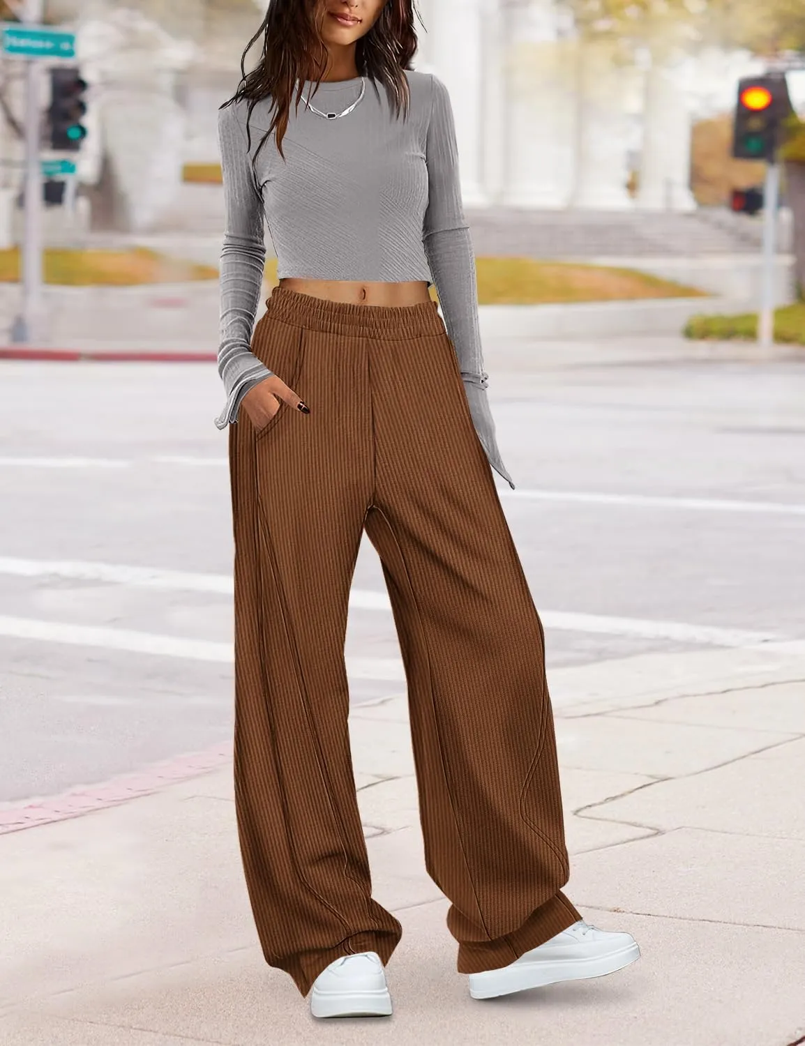 YESNO Women's Corduroy Casual Baggy Pants Elastic Waist Wide Leg Trousers with Pockets PCB