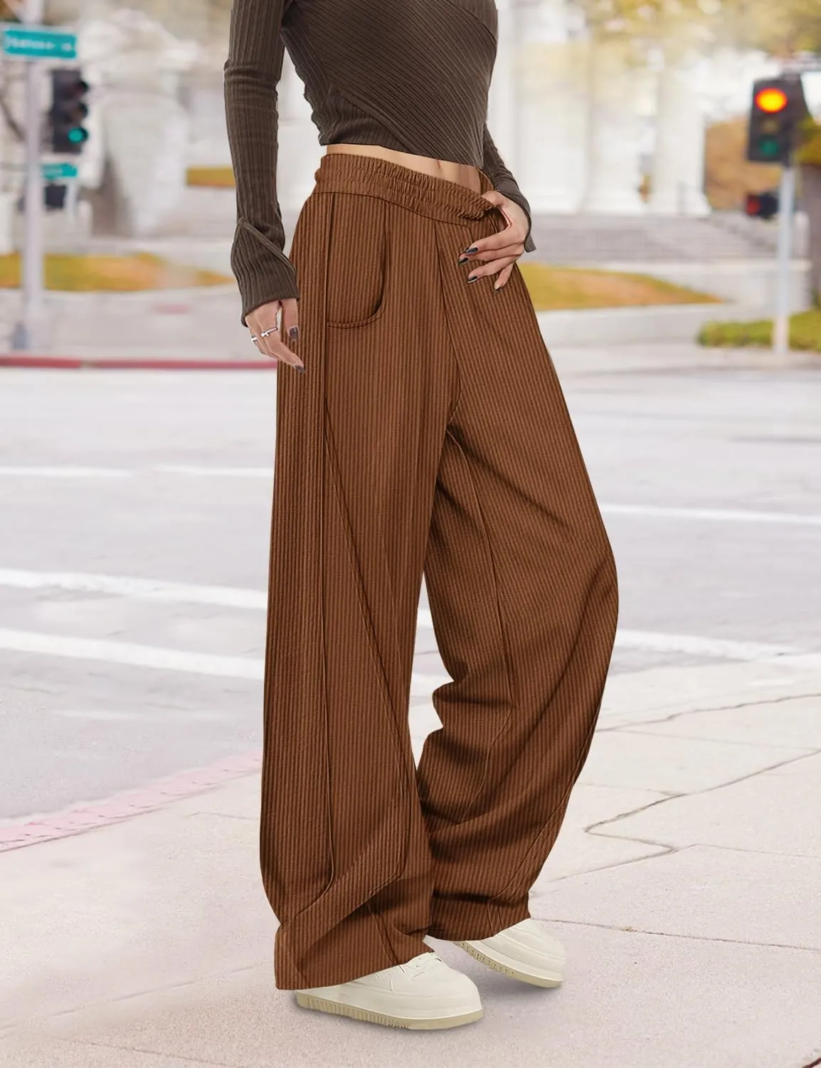 YESNO Women's Corduroy Casual Baggy Pants Elastic Waist Wide Leg Trousers with Pockets PCB