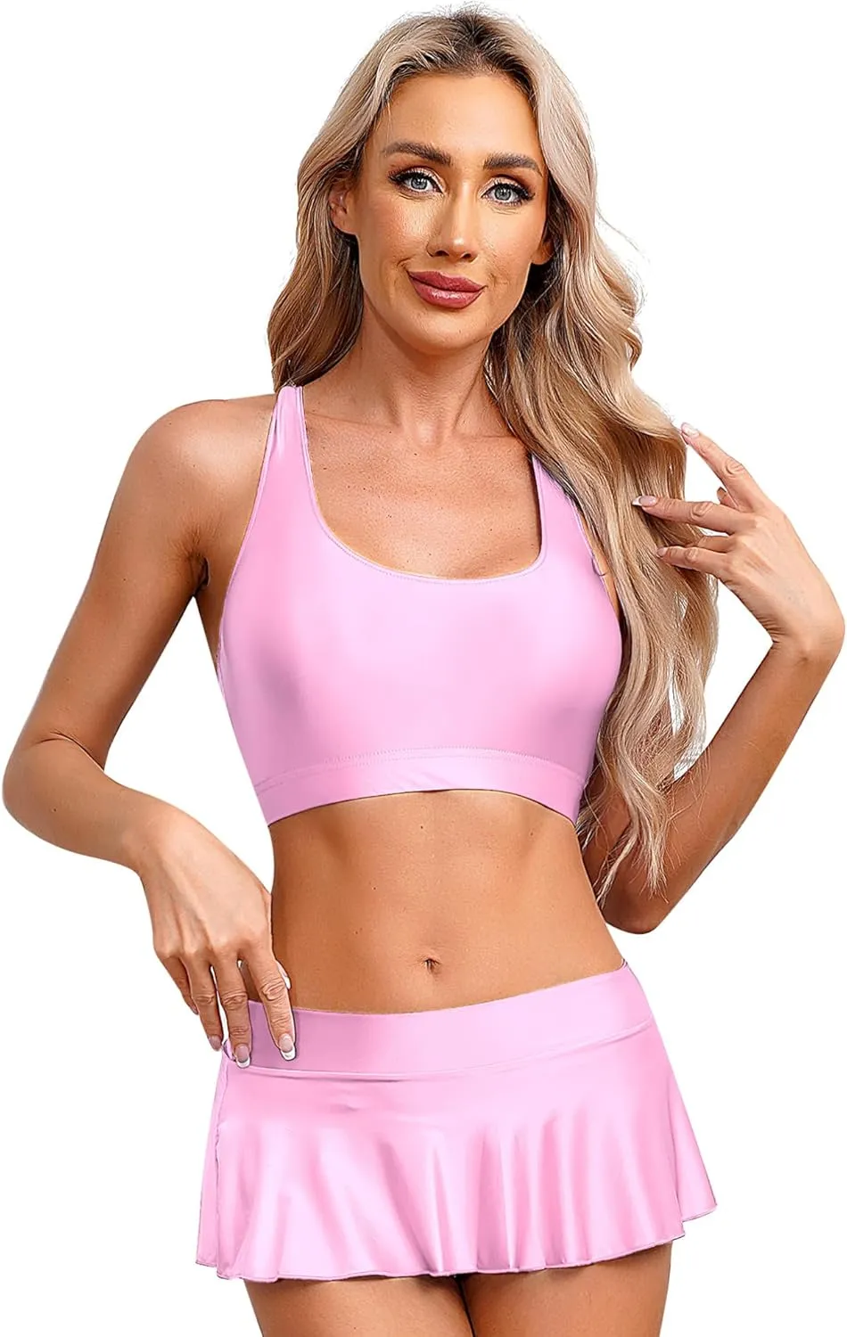 YiZYiF Women's Oil Shiny Smooth Sleeveless Sports Bra Crop Top with Bodycon Pleated Mini Skirt Set