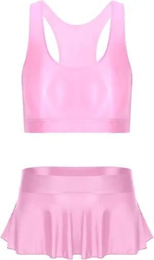 YiZYiF Women's Oil Shiny Smooth Sleeveless Sports Bra Crop Top with Bodycon Pleated Mini Skirt Set