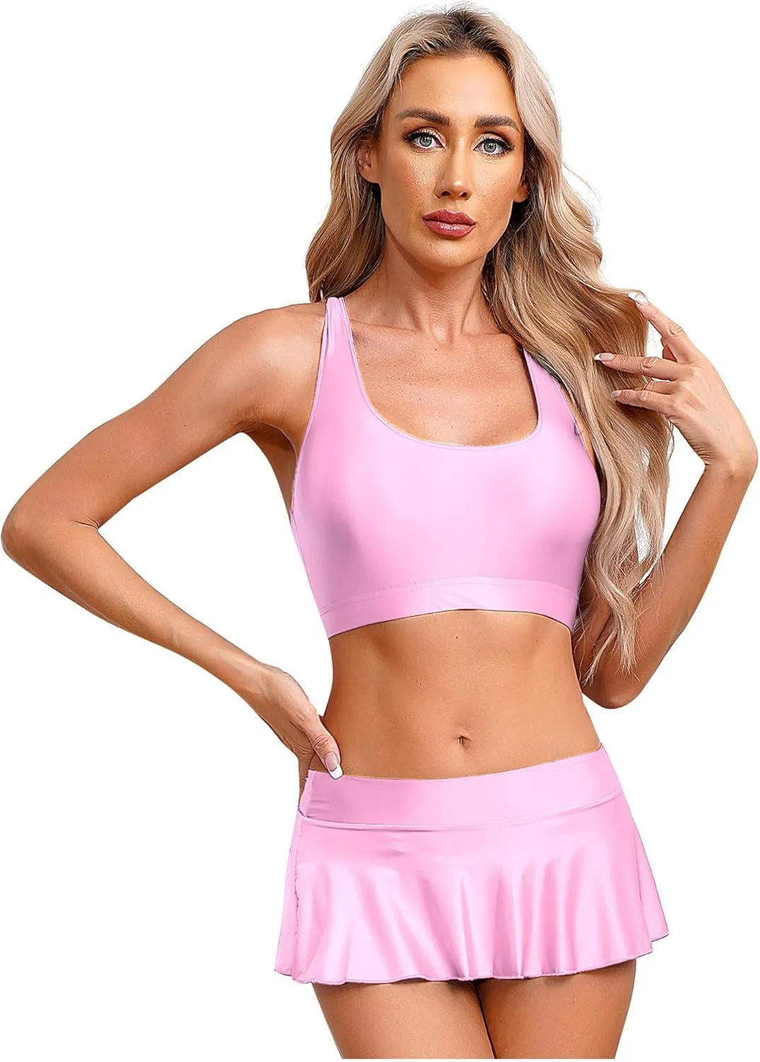 YiZYiF Women's Oil Shiny Smooth Sleeveless Sports Bra Crop Top with Bodycon Pleated Mini Skirt Set