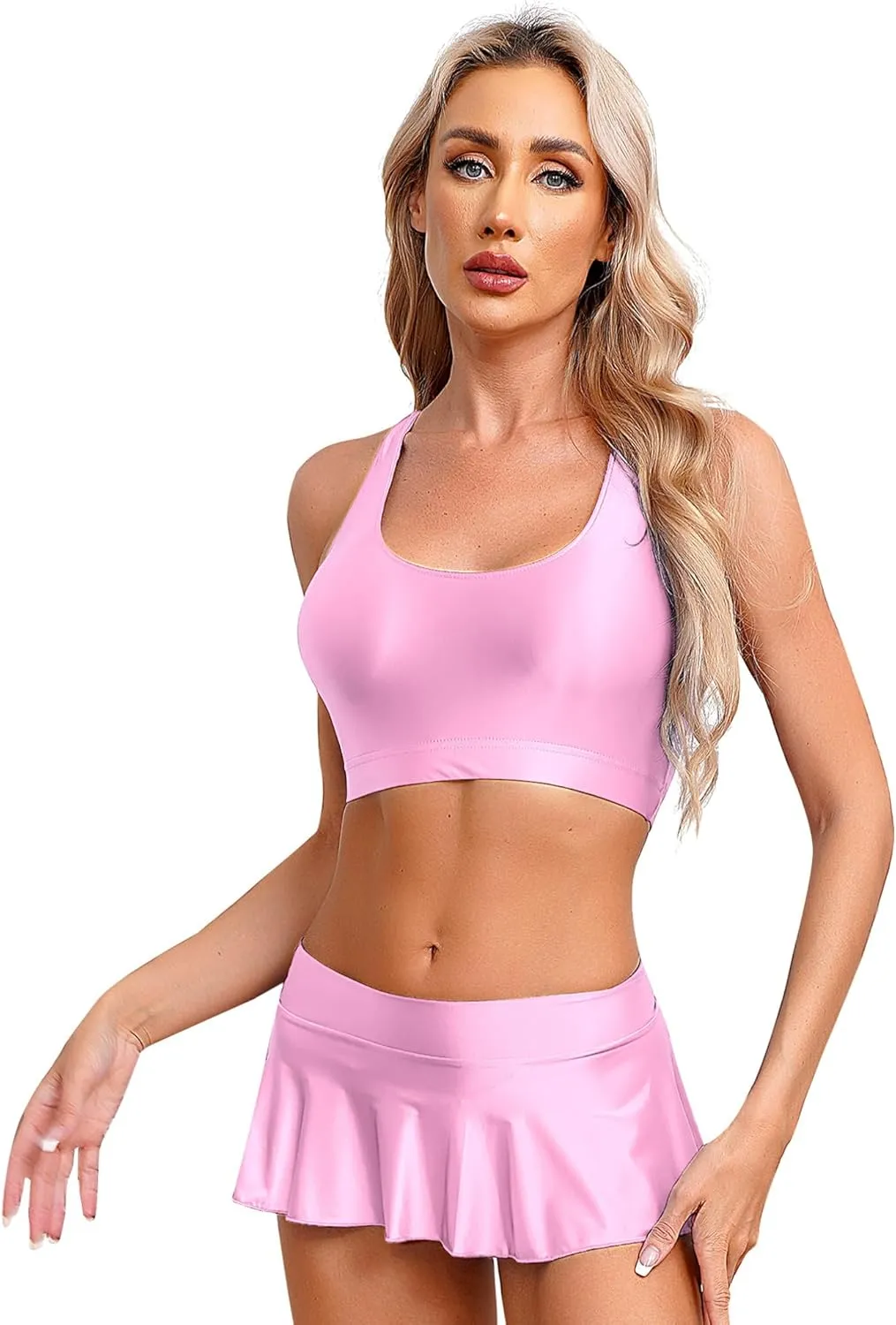 YiZYiF Women's Oil Shiny Smooth Sleeveless Sports Bra Crop Top with Bodycon Pleated Mini Skirt Set