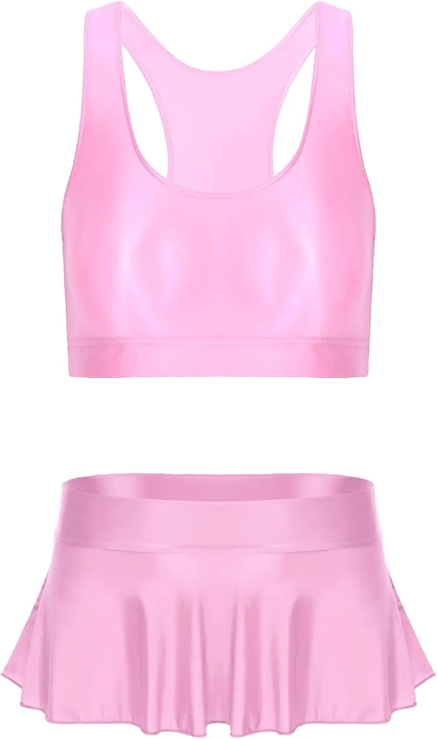 YiZYiF Women's Oil Shiny Smooth Sleeveless Sports Bra Crop Top with Bodycon Pleated Mini Skirt Set